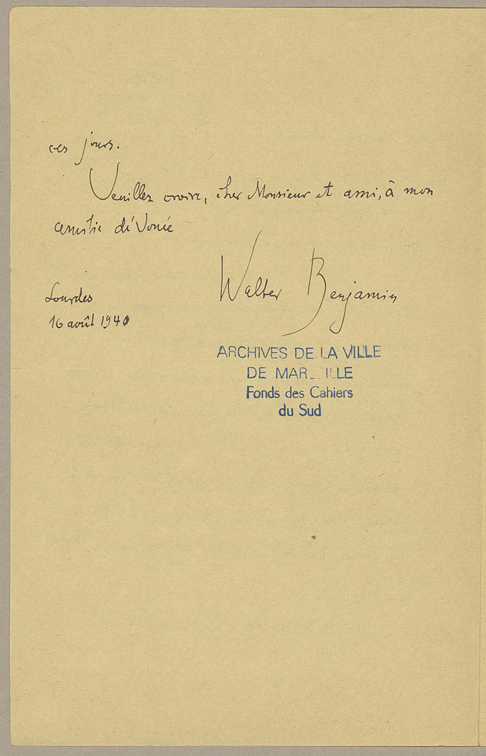 Correspondance Walter Benjamin - Jean Ballard fonds Jean Ballard - JBM 126.17 - 1940 Bibliothèque municipale de Marseille - Fonds Patrimoniaux