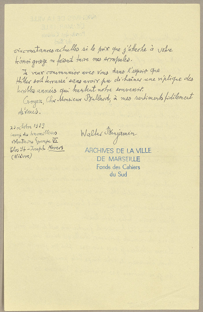 10/1939 correspondance Walter Benjamin - Jean Ballard fonds Jean Ballard - JBM 126.14 - 1939 Bibliothèque municipale de Marseille - Fonds Patrimoniaux
