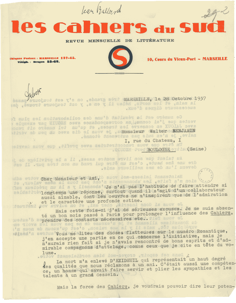 28 octobre 1937 - Lettre de Jean Ballard à Walter Benjamin Hamburger Stiftung zur Förderung von Wissenschaft und Kultur / Akademie der Künste, Walter Benjamin Archiv